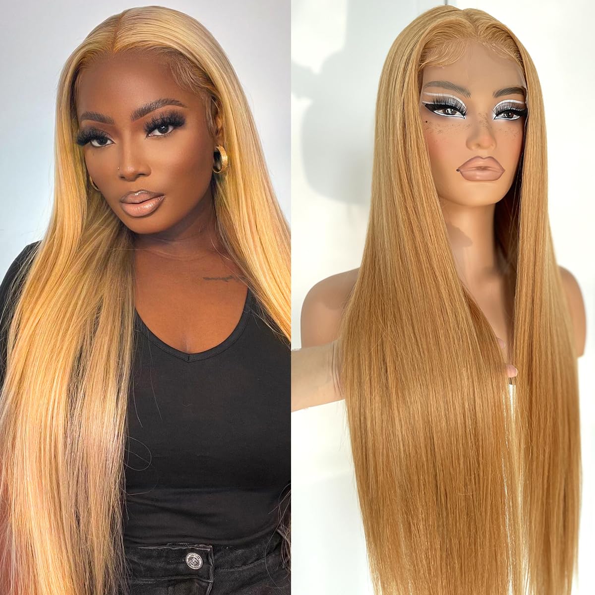 MITIMES Honey Blonde Lace Front Wig Pre Plucked, Glueless Blonde Straight Lace Front Wig 180 Density Long Straight Synthetic HD Lace Front Wig 32inch 27 Color
