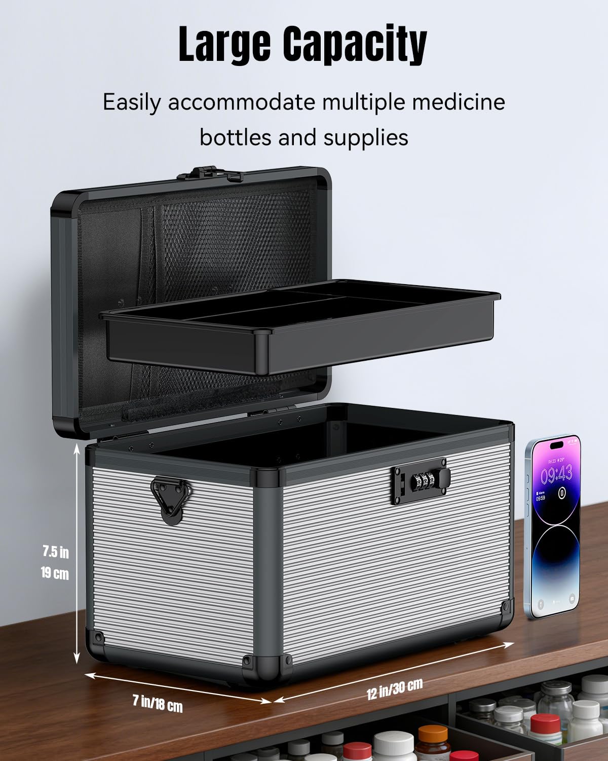 Uniclife Cassetta di Sicurezza per Medicinali, 30 x 18 x 19 cm, Cassetta Portatile per Medicinali con Serratura Combinazione, Maniglia & Fascia Tra collo, Cassaforte Medicinali, Cassaforte Medicinali
