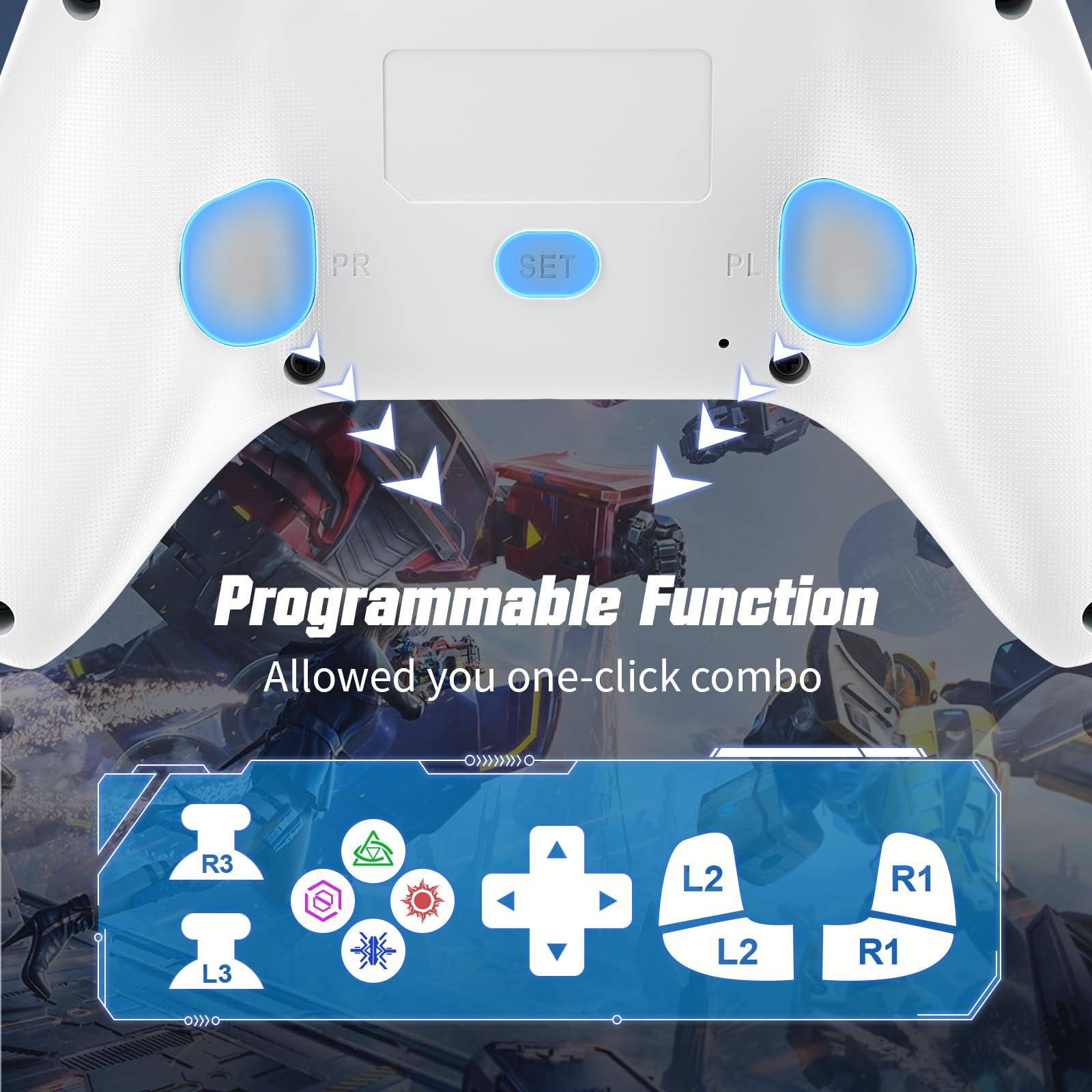Gamrombo Controller LED cablato per PS5/PS5 Pro/PS5 Slim, compatibile con PS4/PC con jack per cuffie da 3,5 mm, doppia vibrazione, funzione macro, funzione Trubo, cavo da 3 m