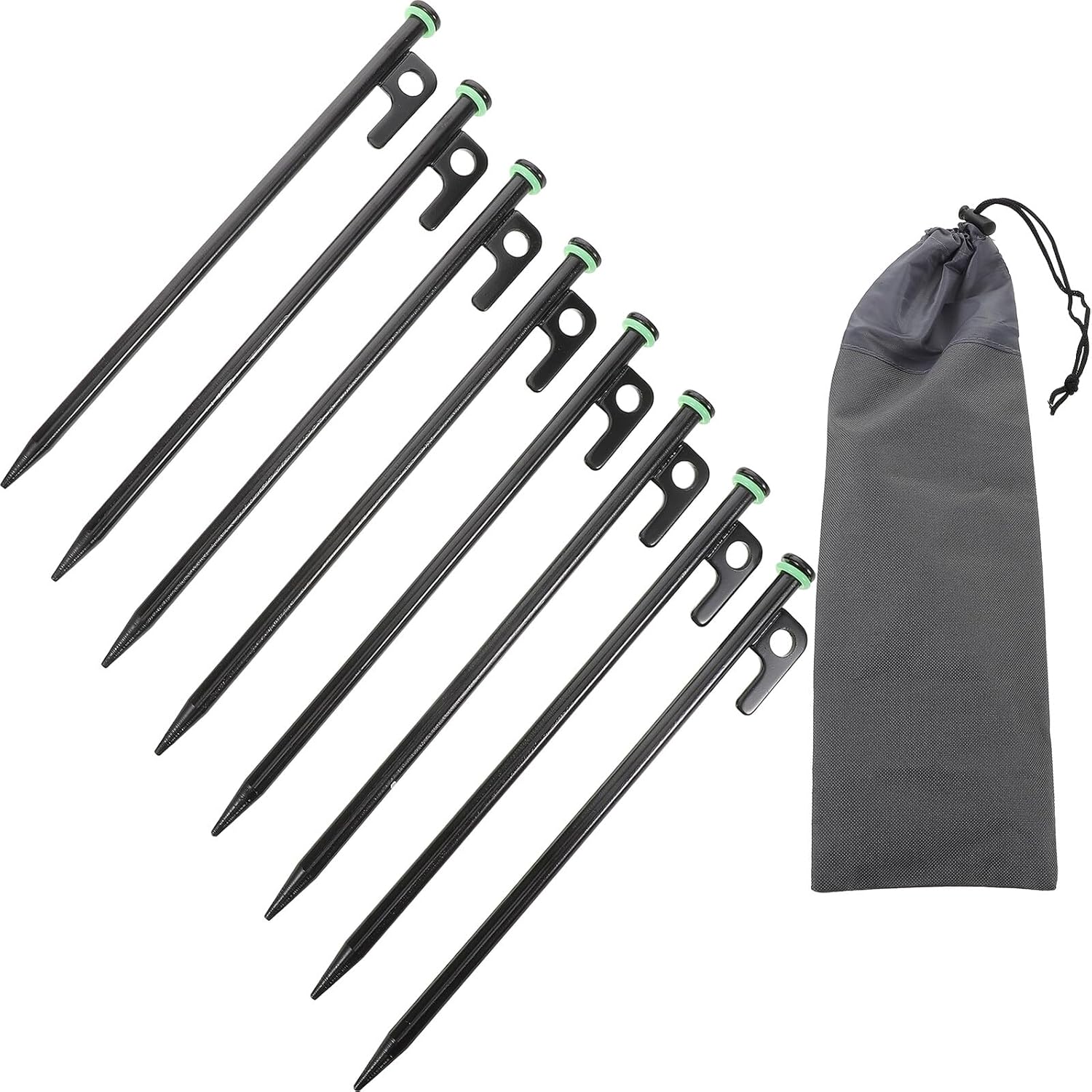 Outdoor Tent Stakes 25cm Metal Ground Stakes with Glow Ring 8pcs Steel Camping Ground Anchors for Beach Canopy Hiking Shelter with Storage Bag