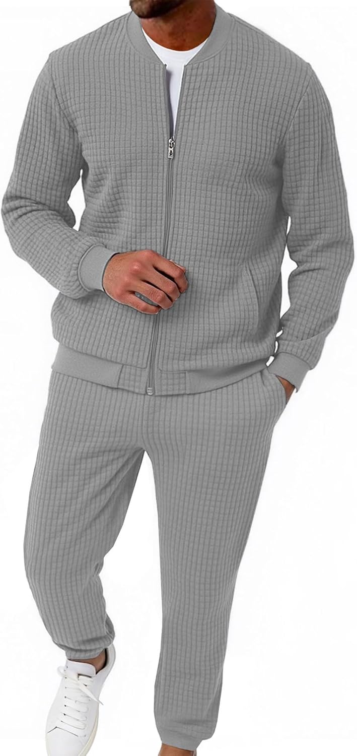 UOUA Men’s Tracksuit 2 Piece Sets Casual Sweatsuit with Full Zip Athletic Jogging Suits Waffle Plaid Jacquard Outfits