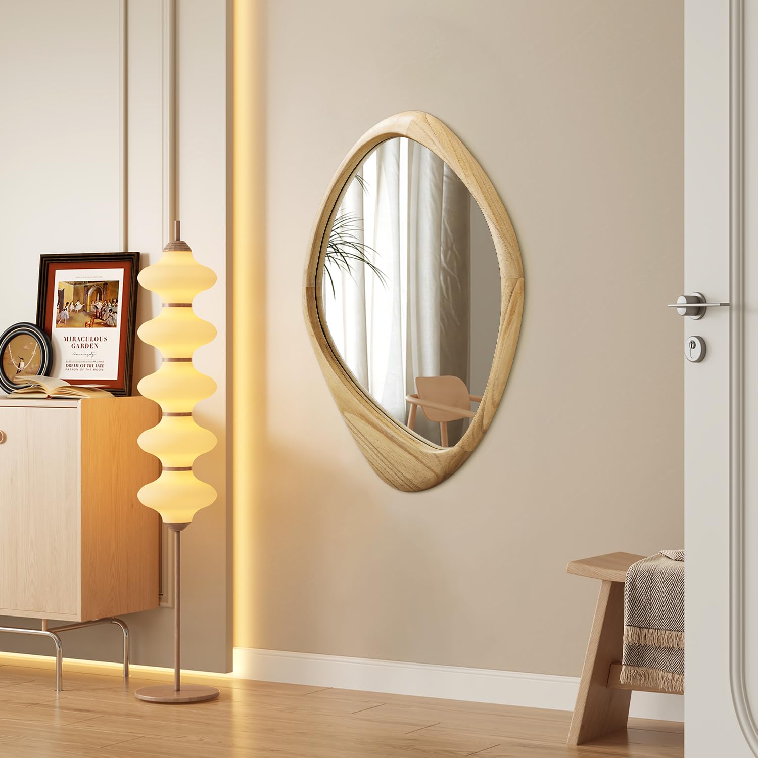 AAZZKANG Espejo de pared grande con marco de madera irregular de 70 x 50 cm, espejos colgantes asimétricos decorativos para baño, dormitorio, sala de estar, entrada