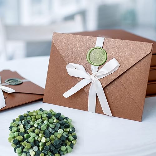 Miniatura 10 de FEPITO 300 piezas de perlas de cera octágono con 3 velas de té y 1 cuchara de fusión de cera para sellar sellos de cera (verde malaquita)