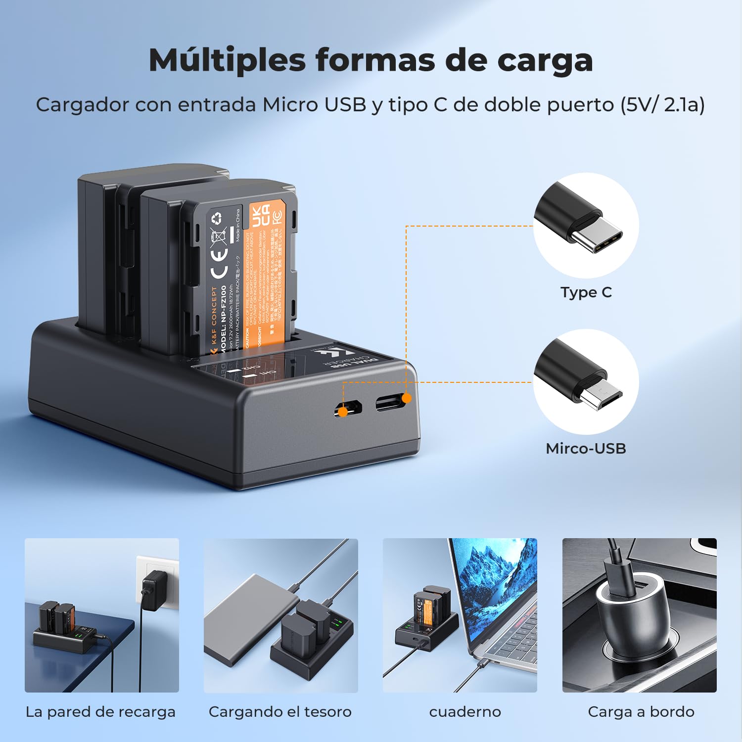 K&F Concept NP-FZ100 2 Pack 2280mAh Batería y Cargador Compatible con Cámara Sony Sony A7iii, A7iv, fx3, fx30, A6700, A7R, A9, A6600, A7Riii, A7Riv, A7R3, A7C, ZV-E1, ZV-E10ii, A7S3, A9R y más