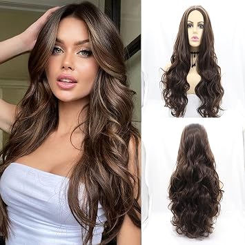 xiweiya Mixed Brown Non-lace Front Wig Long Body Wave Mixed Brunette Synthetic Wig Middle Part Heat Resistant Fiber Hair Natural Hairline 24 inches for Women mixed brown