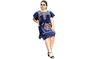 Women's Casual Mexican Embroidered Artisan Dress (XL, NAVY BLUE)