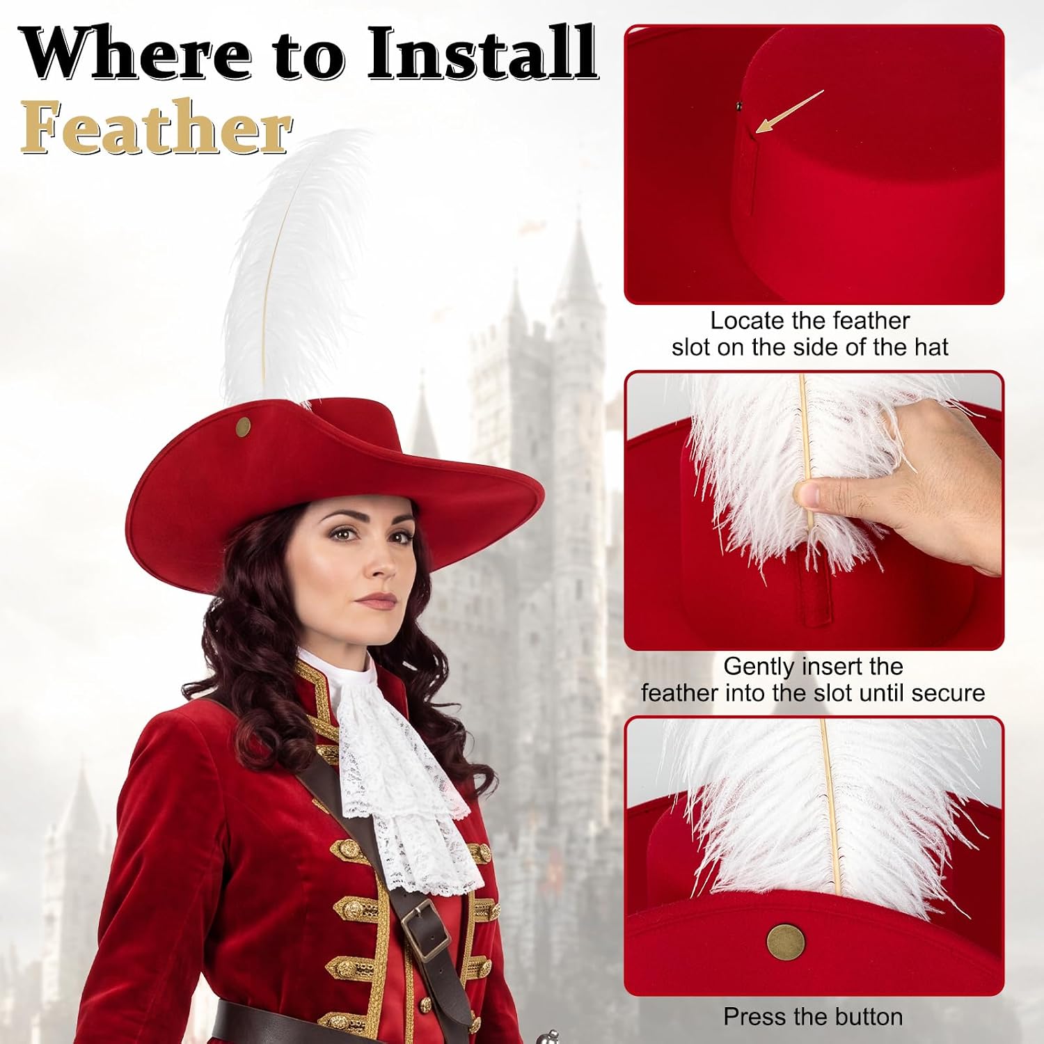 Red Musketeer Hat with White Feather, Renaissance Costume Hat for Women