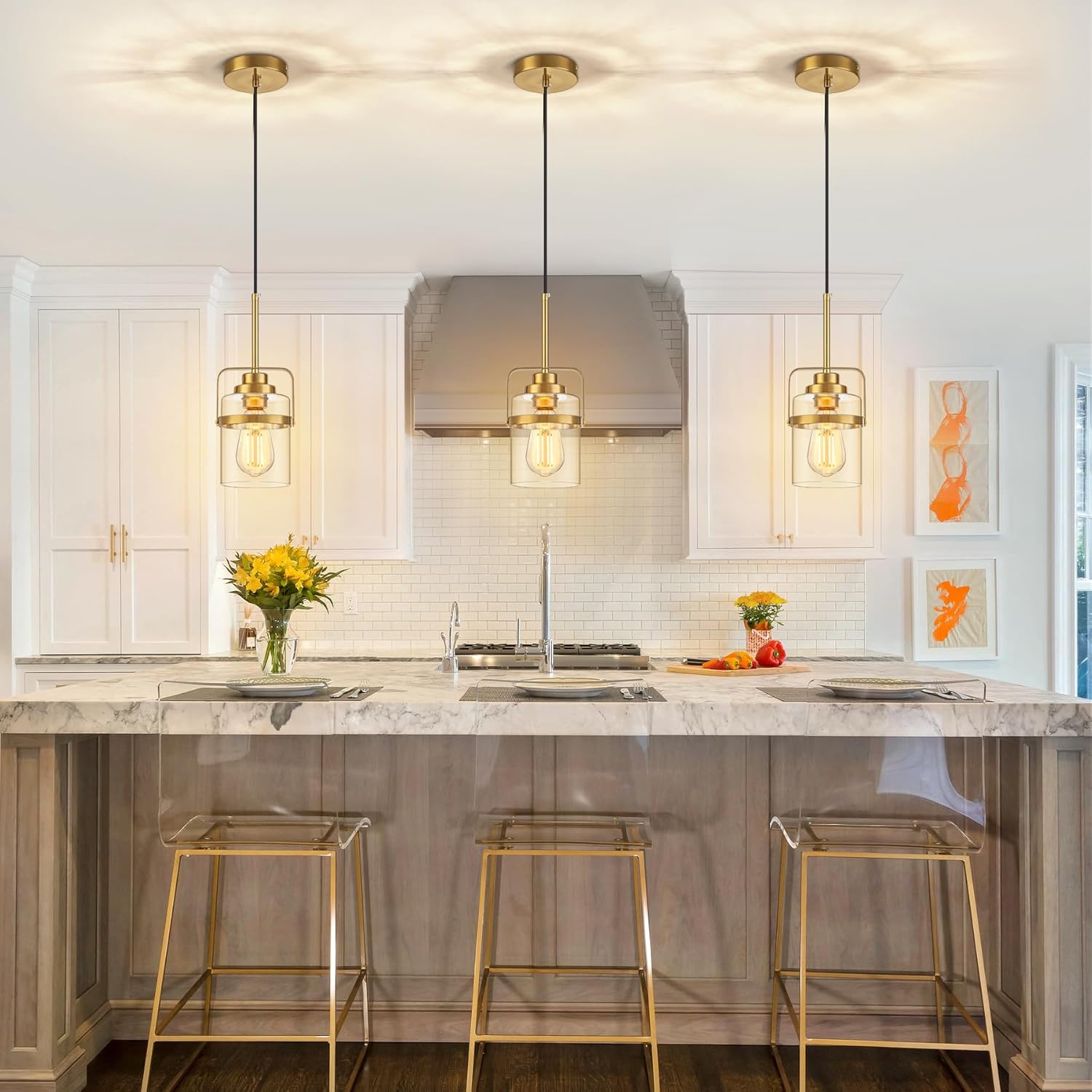 Modern Brass Pendant Lights Kitchen Island Light, Adjustable Hanging Light Fixture with Clear Glass Shade, Farmhouse Pendant Light for Dining Room Bar Over Sink/Table/Counter, 1 Pack