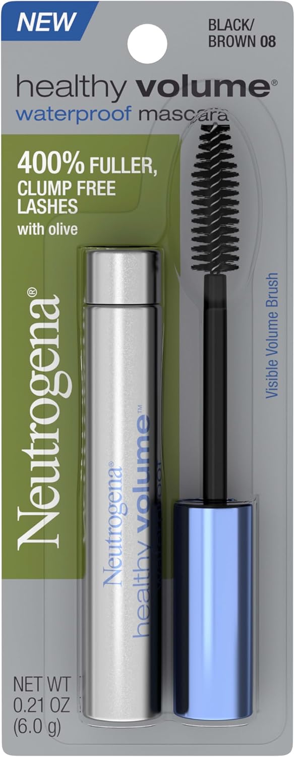 Neutrogena Healthy Volume Lash-Plumping Waterproof Mascara, Volumizing and Conditioning Mascara with Olive Oil to Build Fuller Lashes, Clump-, Smudge- and Flake-Free, Black/Brown 08, 0.21 oz