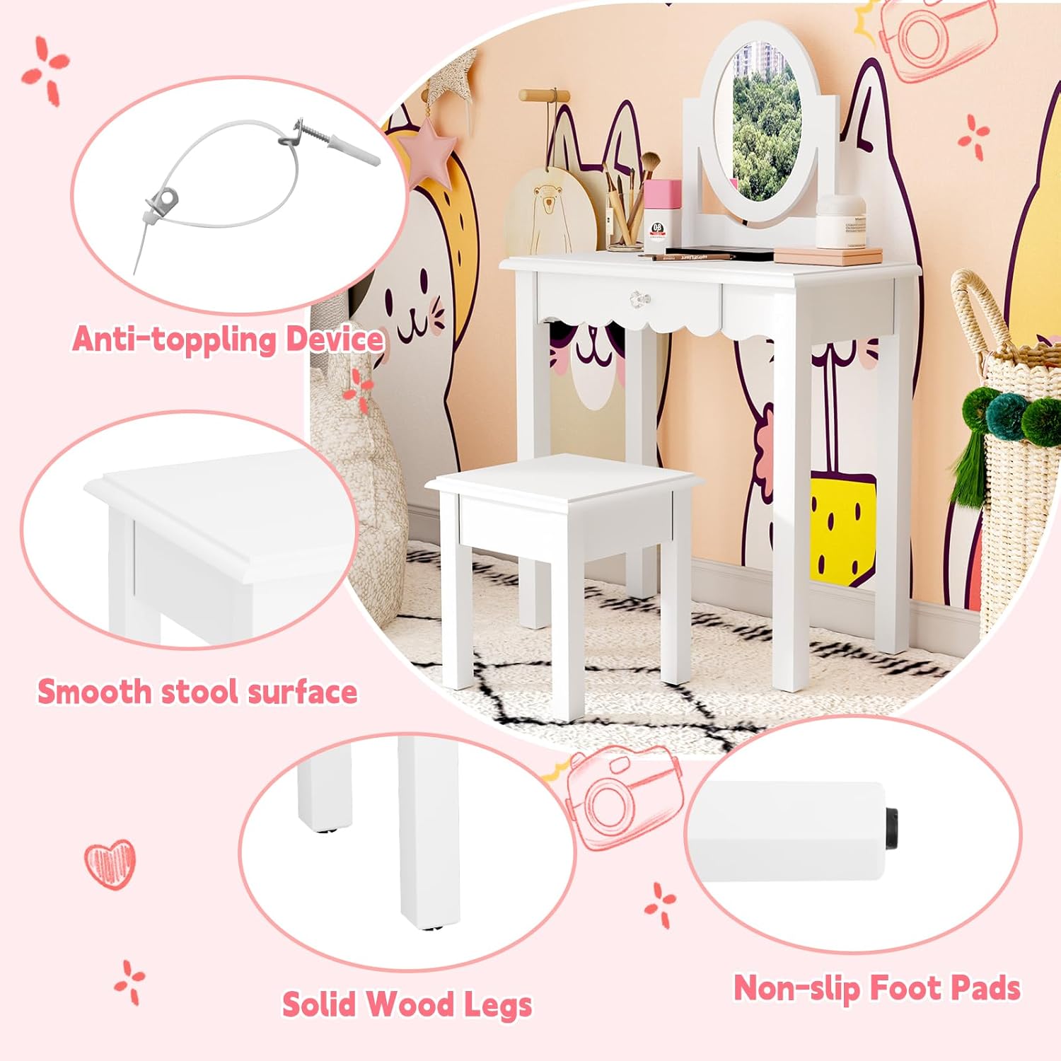 HLR Kids Vanity, Girls Vanity Set with Mirror and Stool, Wooden 2 in 1 Princess Makeup Desk Dressing Table with Detachable Top, Toddler Vanity Dresser Set with Drawer for Little Girls, White