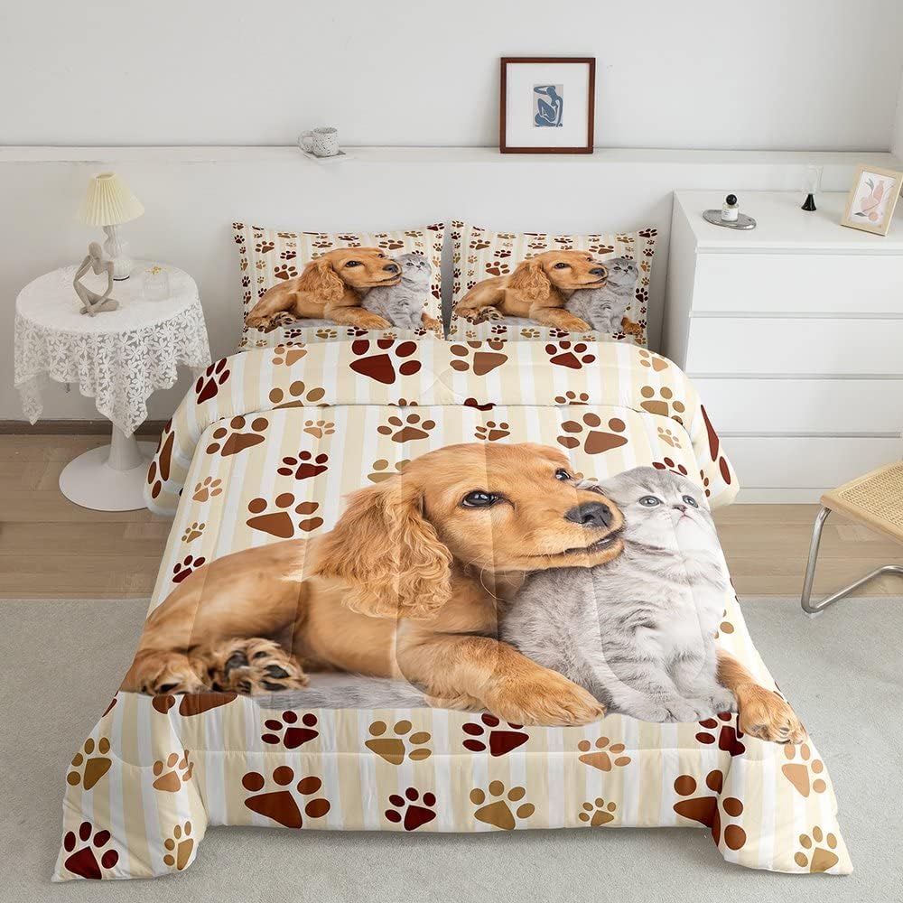 Feelyou Cat Dog Comforter Set Cats Print Bedding Set Animal Pet