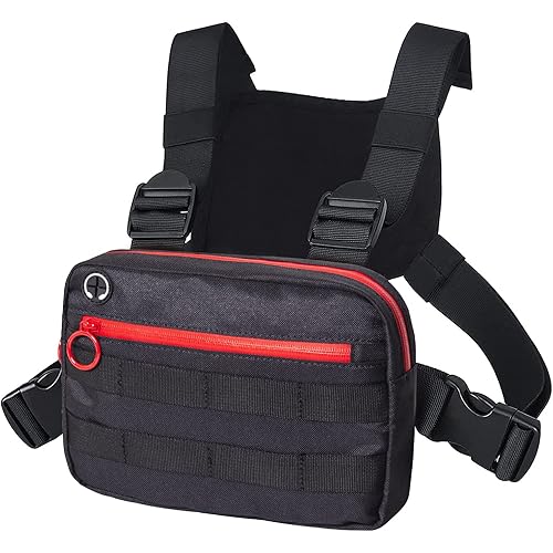 MJNUONE Outdoor Chest Bag For Men，Tactical Chest pack with Reflective, Lightweight Utility Chest Rig Bag with Extra Storage for Running Climb Cycling Hiking(Red Zipper)
