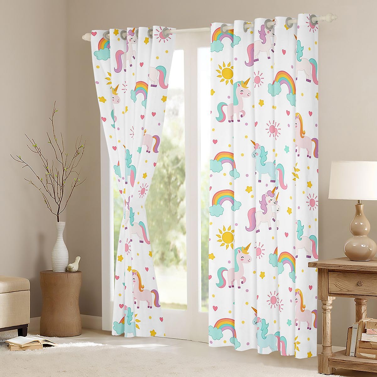 Homewish Urocze kolorowe jednorożce zasłony zaciemniające, 117 x 183 cm, kawaii, jednorożec, zwierzęta, zasłony na przelotkach do salonu, sypialni, chmura, tęcza, 2 panele, fantazyjny jednorożec