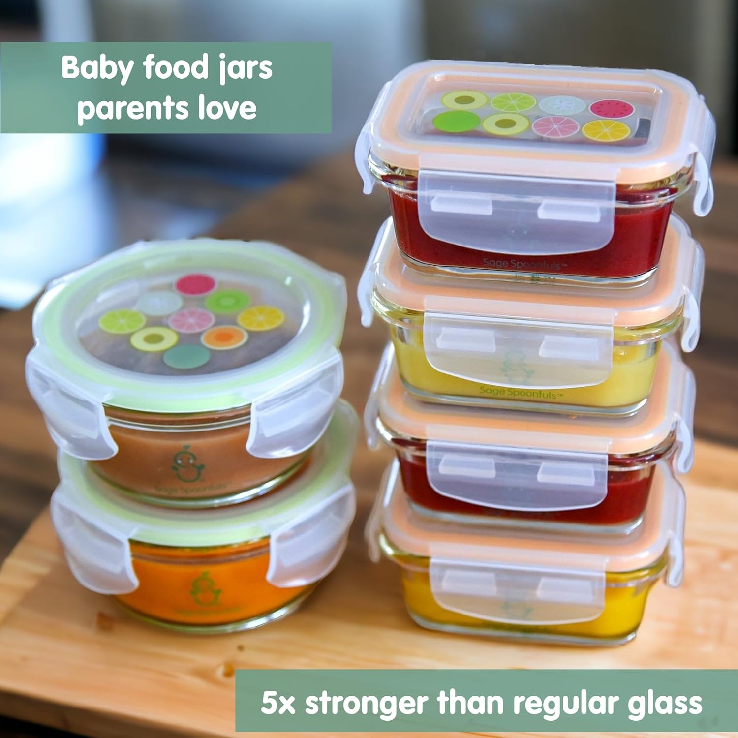 Sage Spoonfuls Glass Baby Food Containers with Lids - 6 Pack, 4 oz & 7oz Baby Food Jars, Durable, Leakproof, Airtight, Freezer Storage, Reusable Glass Baby Food Containers, Microwave & Dishwasher Safe