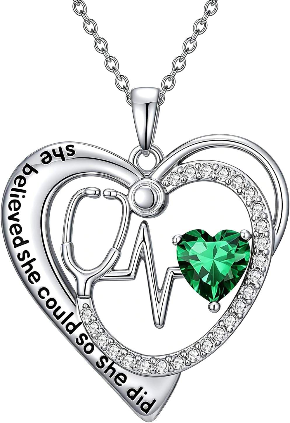Nurse Gift Nurse Pendant Heart Stethoscope with 12 Month Birthstones RN Necklace Birthstone Jewelry Birthday Christmas Graduation Gift Suitable for Nurses Doctors and Medical Students