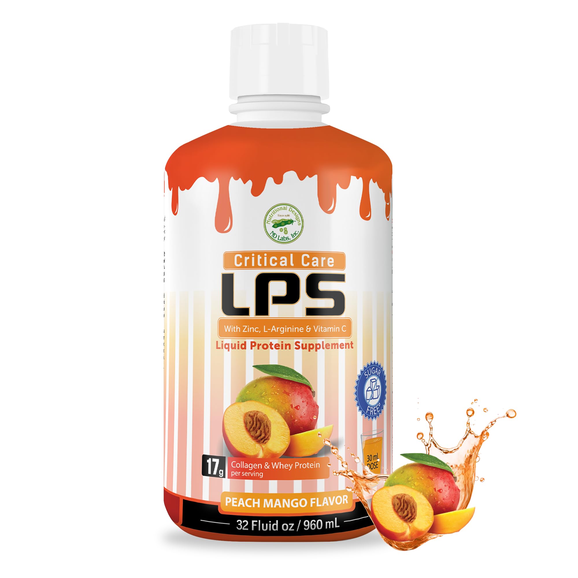 Nutritional Designs Sugar-Free Liquid Collagen & Whey Protein Supplement - Non-GMO Drink - Promotes Healthy Skin & Hair for Men & Women (Peach Mango, Critical Care)