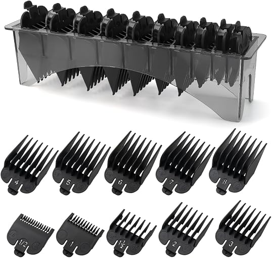 Clipper Guards Set Compatible with Most Wahl Clippers with Holder, Clipper Guides Replacement - 1/16" to 1", 10 Piece Set, Black Color