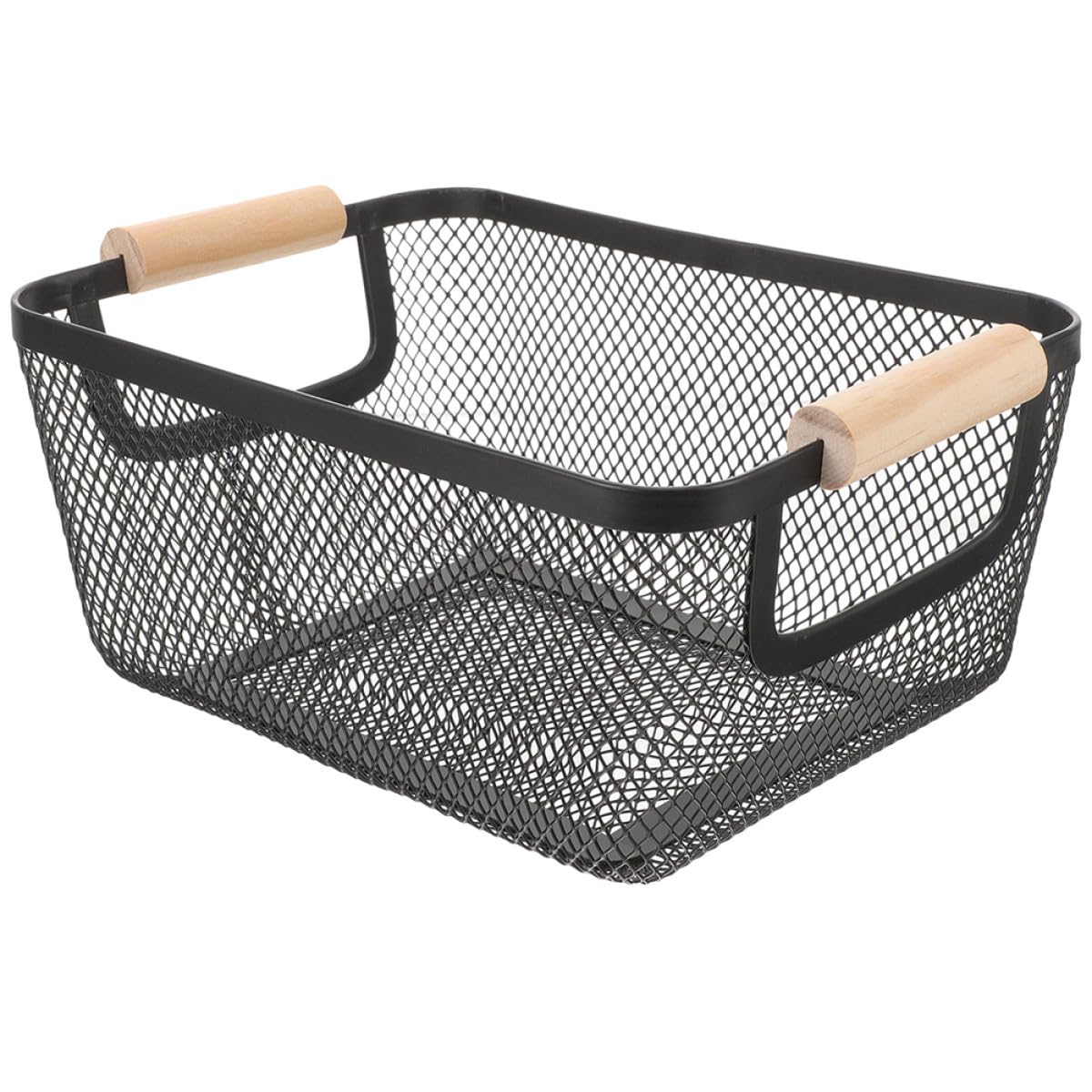 Cesta de Alambre Metálica Negra Mediana Asa de Madera, Cesta Rectangular para Almacenamiento en Baño y Estantes, Organizador Resistente y Decorativo Estilo Nórdico