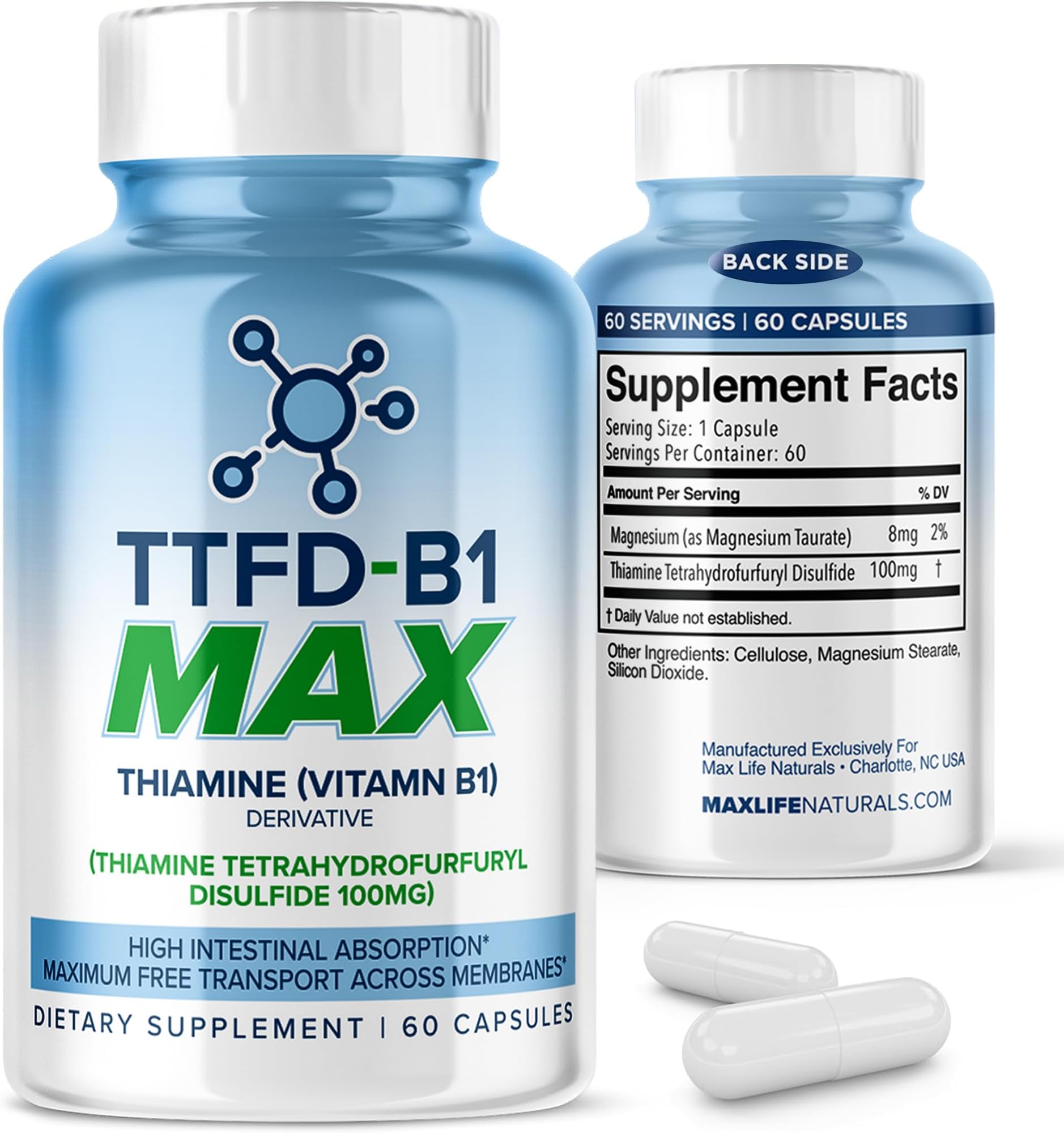 MaxLife Naturals TTFD Thiamine B1 Supplement – 60 Capsules, High Potency Vitamin B1 Thiamine Supplement for Focus, Supports Optimal Nerve Function, TTFD-B1 Max Formula with Magnesium, Made in USA