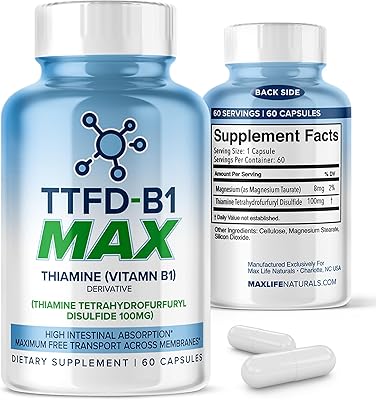 TTFD Thiamine B1 Supplement 60Capsules Made in USA- Thiamine TTFD Vitamin B1 MAX, High-Potency Supplement for Energy & Focus, Supports Healthy Nerve Function & Overall Wellness by MaxLife Naturals