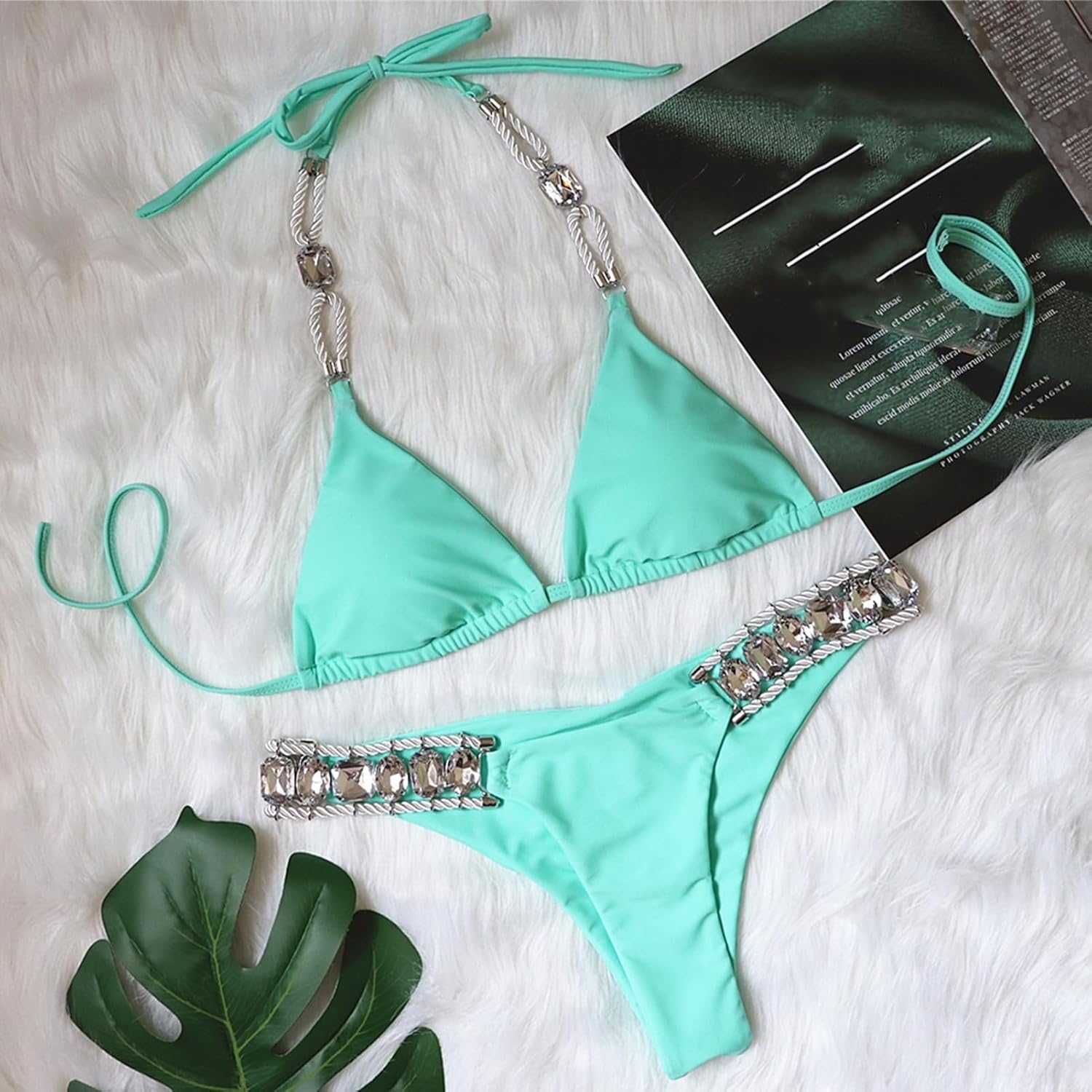 Lisa Colly Women's Rhinestone Bikini Sets Sexy Two Piece Bikini Swimsuits Lace Up Swimwear Suit