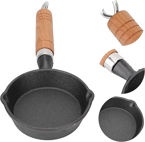 Miniatura 7 de Sartén de hierro fundido, mango de madera de 3.9 in, mini sartén para tortilla, apto para cocinas de gas eléctrico y de inducción, para restaurante