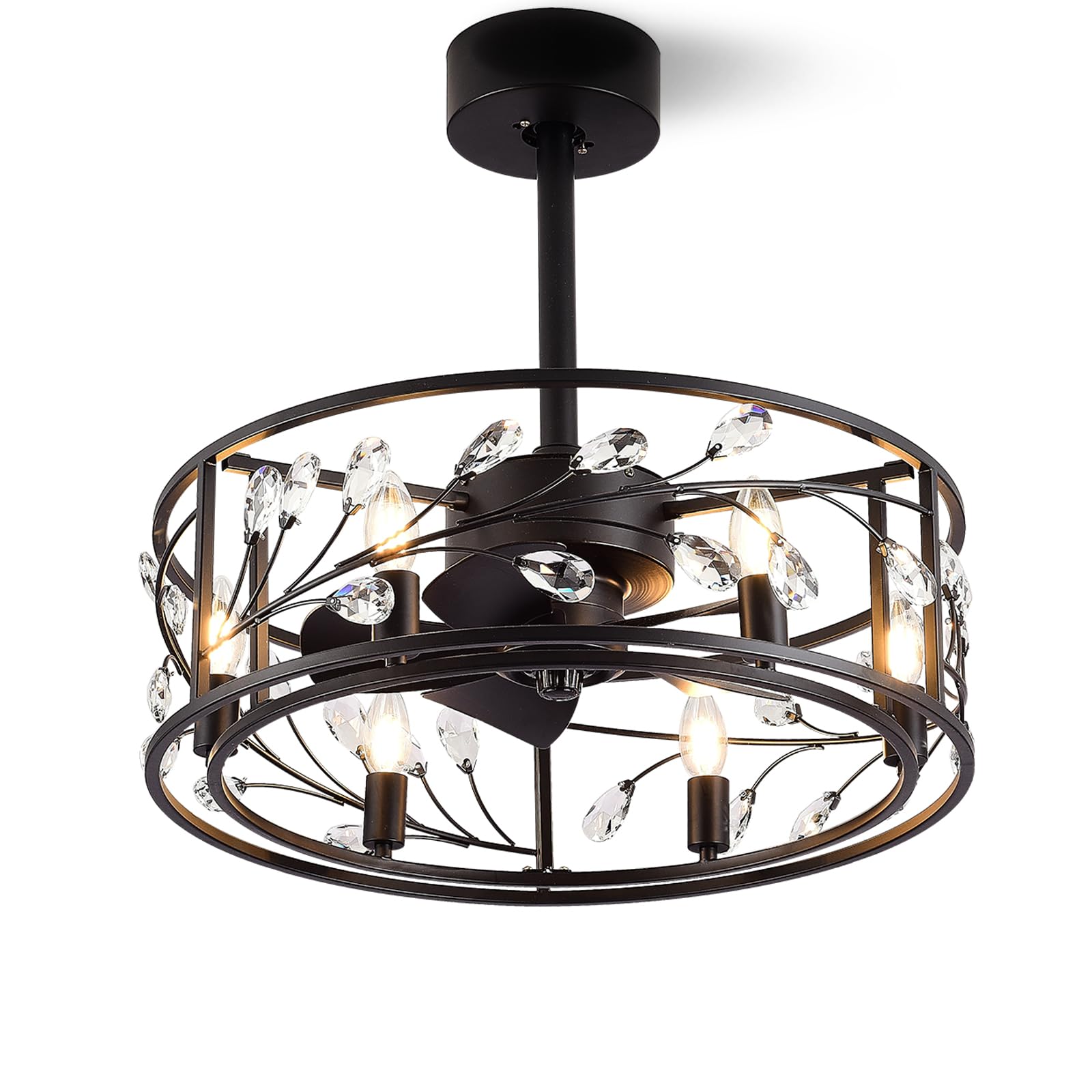 20" Caged Ceiling Fan with Lights and Remote Control, Black Crystal Ceiling Fan with 3 Invisible Blades, 3 Wind Speed and 3 Timing Funtion, Modern Quiet Chandelier for Living Room/Bedroom