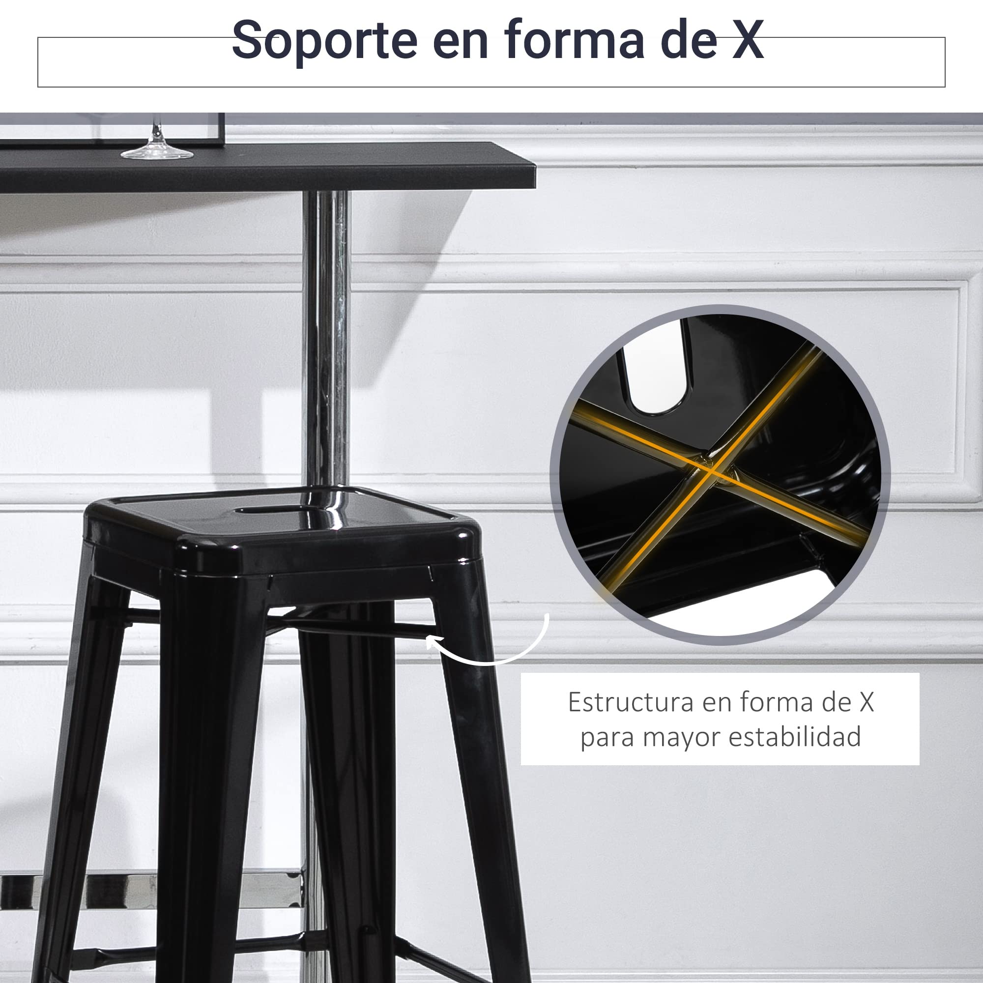 HOMCOM 4 Taburetes de Bar Apilables con Reposapiés 43x43x76 cm Negro | Estilo Industrial, Aptos para Interiores y Exteriores, Carga Hasta 120kg