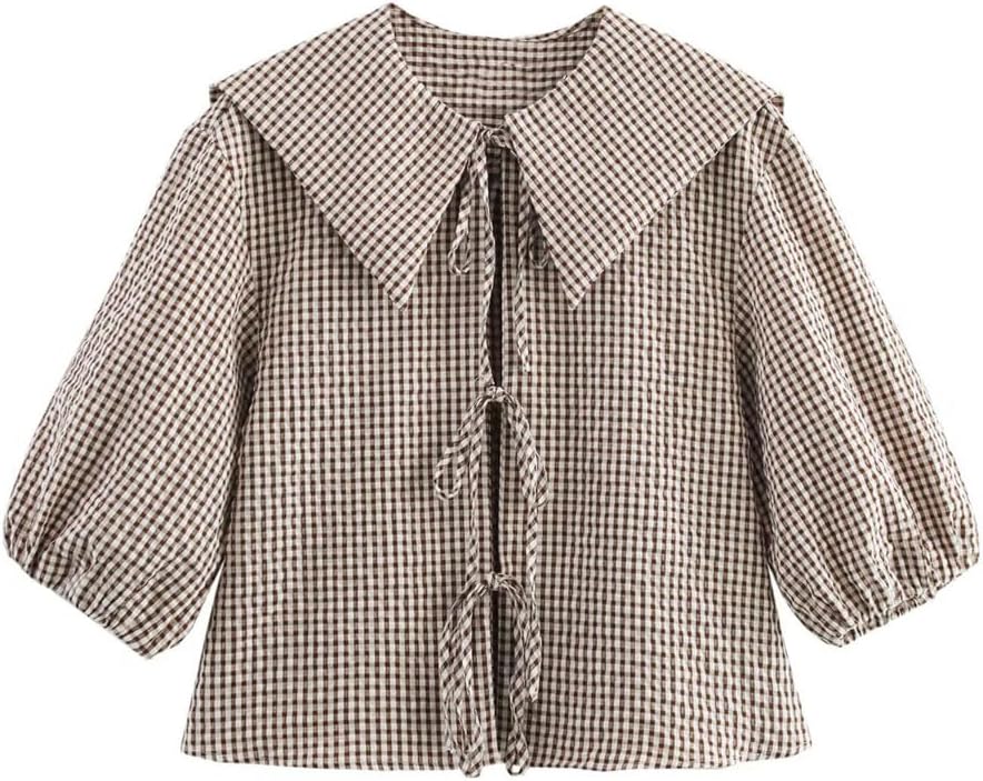 Women's Plaid Short Puff Sleeve Shirt