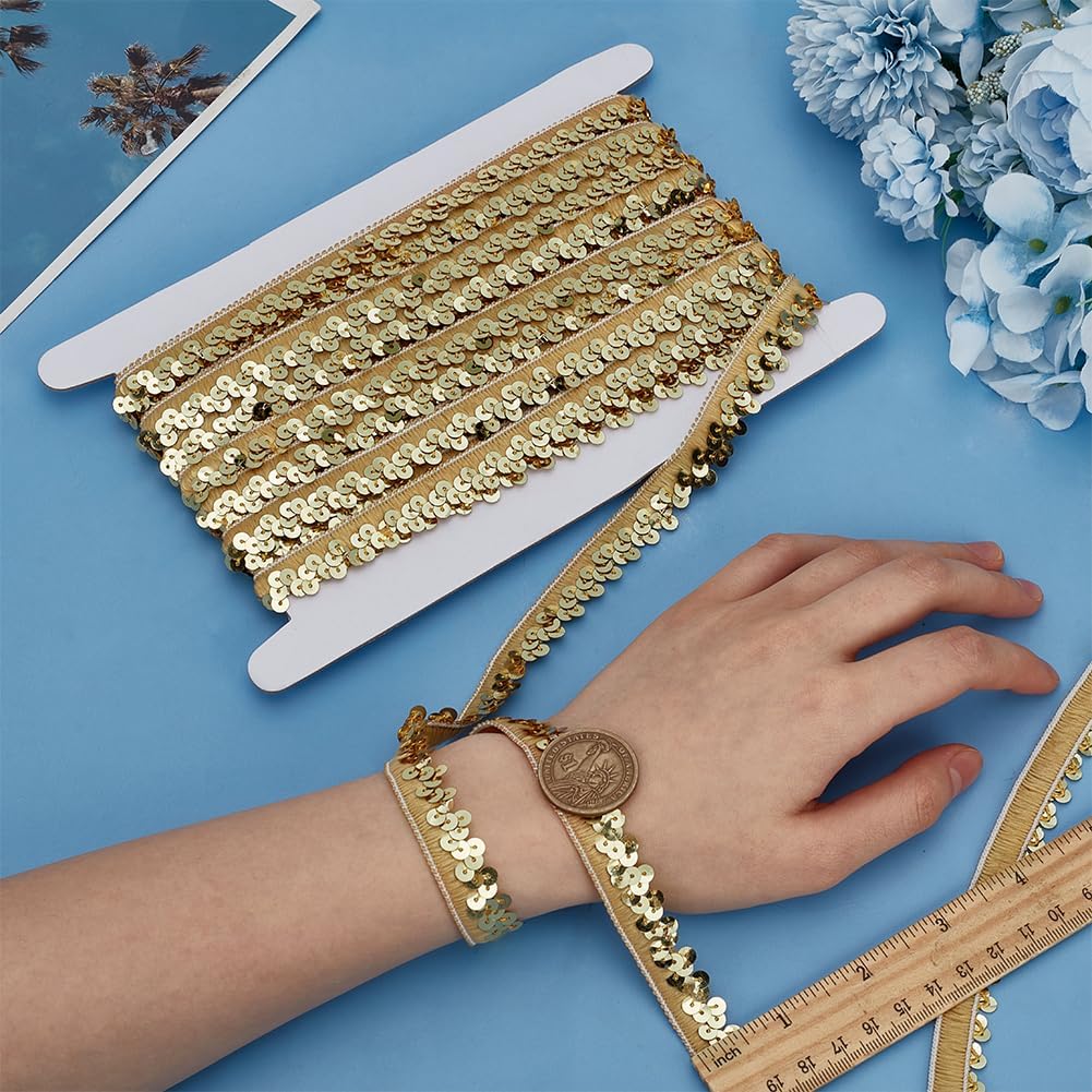 FINGERINSPIRE 12.5 Yards Elastic Sequins Trim Champagne 0.5 inch Yellow Stretch Sequin Crafts Elastic Sequin Lace 2 Row Flat Glitter Sequin Trim for Dress Embellish Headband