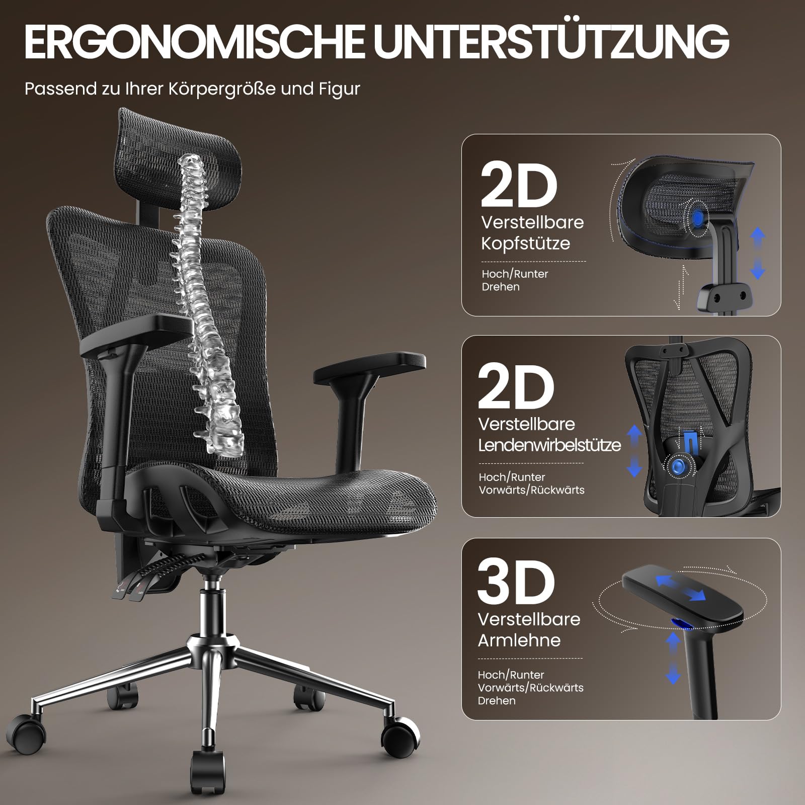 naspaluro Ergonomischer Bürostuhl, Schreibtischsessel mit Kopfstütze, 3-stufig Verstellbarer Rückenlehne, Stabiler Drehstuhl bis 150kg belastbar, Computerstuhl für Büro und Homeoffice, Schwarz