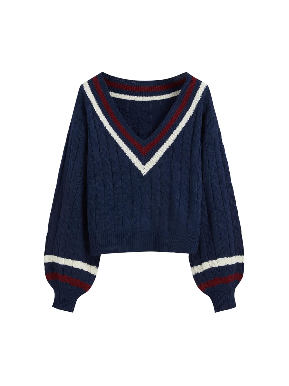 CIDER Cable Knit Sweater Women V Neck Long Sleeve Pullover Striped Trim Regular Fit Knit Top Fall Sweaters