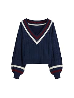 CIDER Cable Knit Sweater Women V Neck Long Sleeve Pullover Striped Trim Regular Fit Knit Top Fall Sweaters