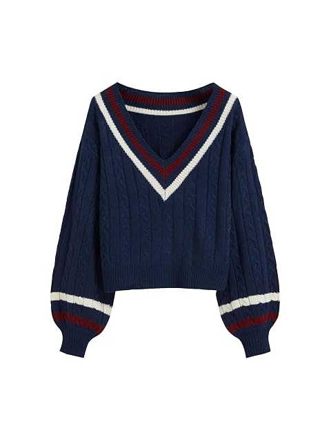 CIDER Cable Knit Sweater Women V Neck Long Sleeve Pullover Striped Trim Regular Fit Knit Top Fall Sweaters