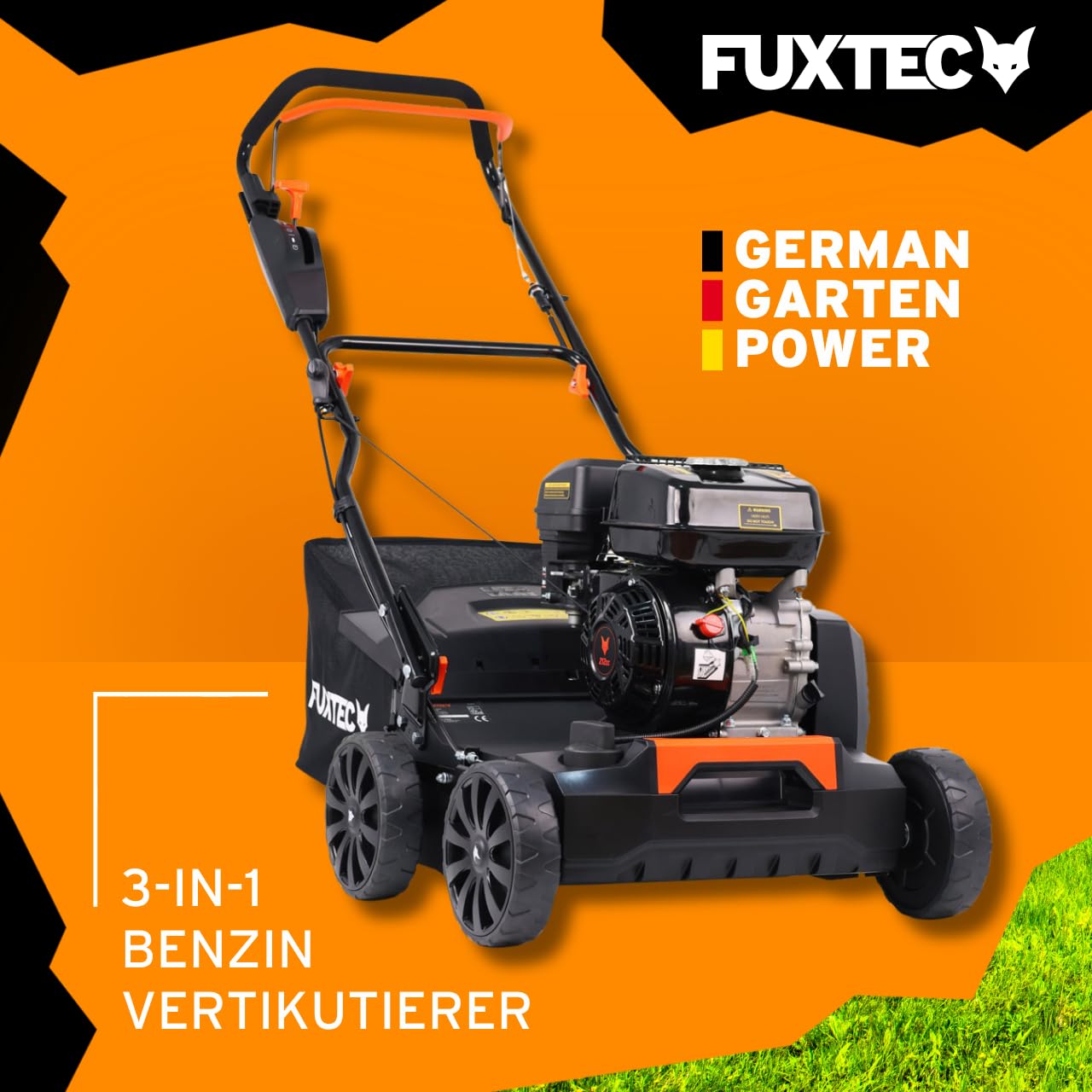 FUXTEC Vertikutierer 3in1 FX-BV240 4-Takt-Motor 4,1kW 18 Messer und 24 gefederte Krallen Front-Tragegriff und 45L Fangkorb