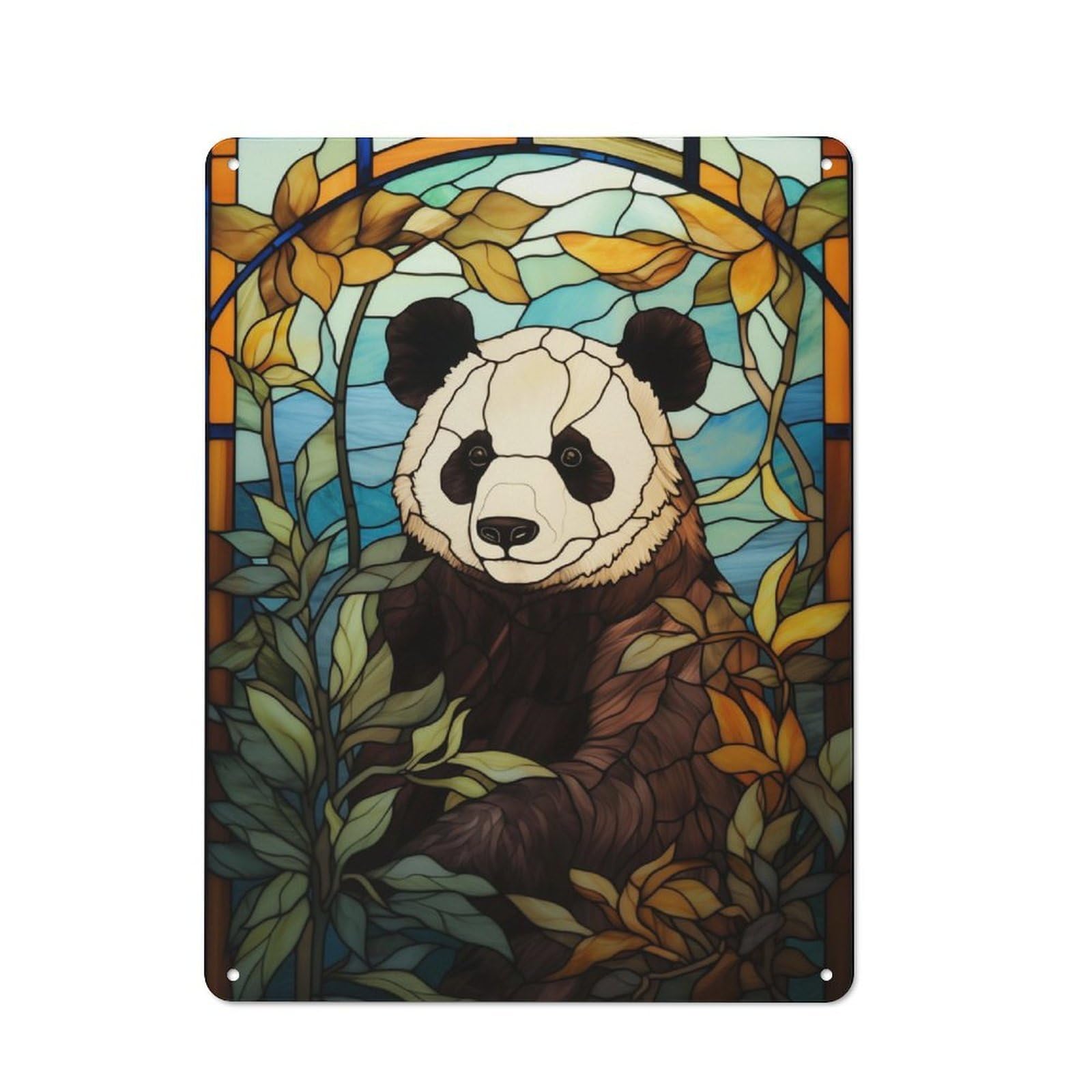 Junmoney Stained Glass Panda Rustic Metal Wall Sign 40X30cm For Hobby Room Or Studio, For Vintage Wall Decor Fans, For Themed Room Decoration