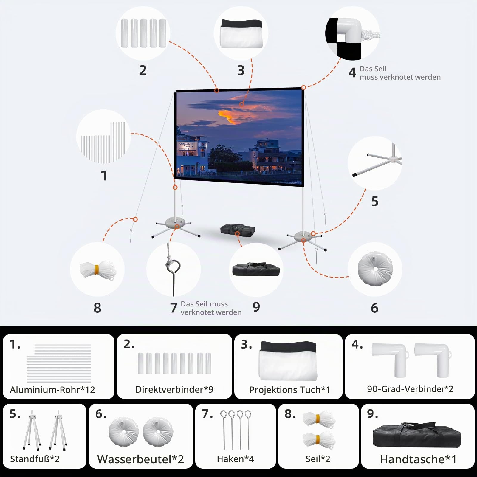 Tragbare Projektor-Leinwand, 152,4 cm, Filmprojektionsleinwand, Innenprojektor-Leinwand und Ständer, 16:9 Projektor-Leinwand, 4K HD, faltenfrei, leicht