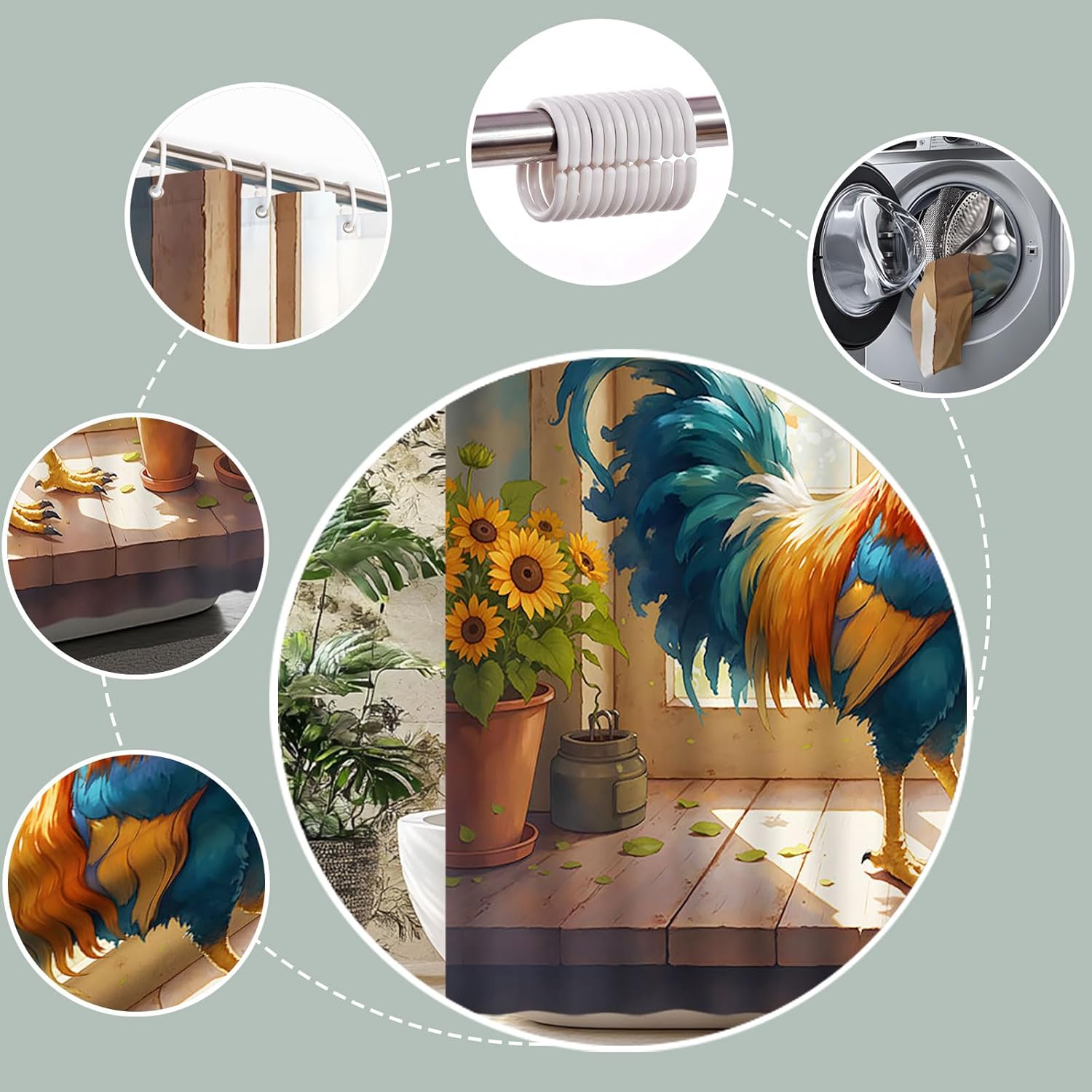 Farmhouse Rooster Shower Curtain Farm Colorful Animal Chicken Western Country Hen Cocks Sunflower Leaves Rustic Wooden Window Bath Curtain Fabric Bathroom Accessories Decor with Hooks 90W x70L