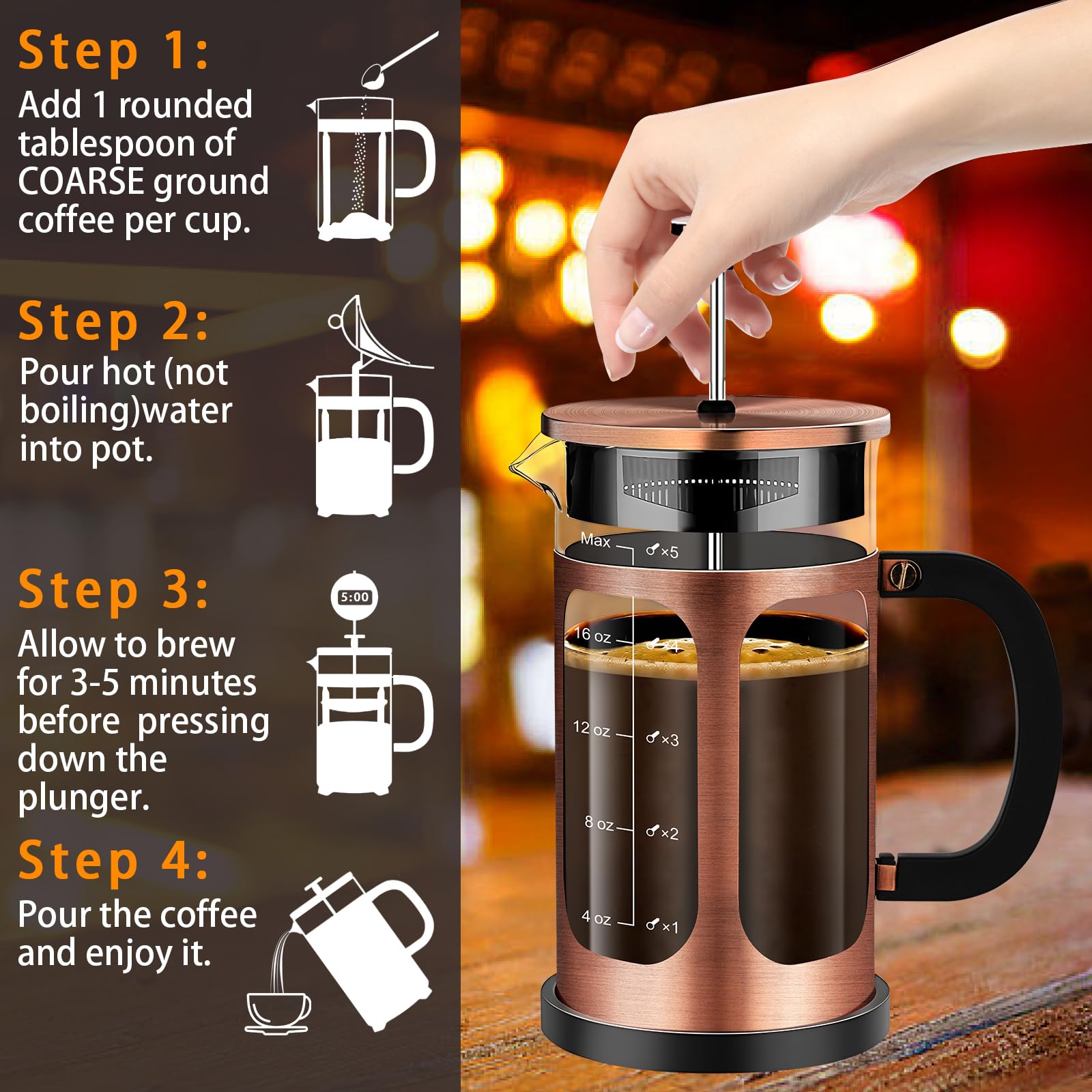 YMMIND Cafetera de prensa francesa (21 onzas, 600 ml, 3-4 tazas), prensa de café, con sistema de 4 filtros, vidrio de borosilicato de grosor resistente al calor, taza de té para café en frío, regalos