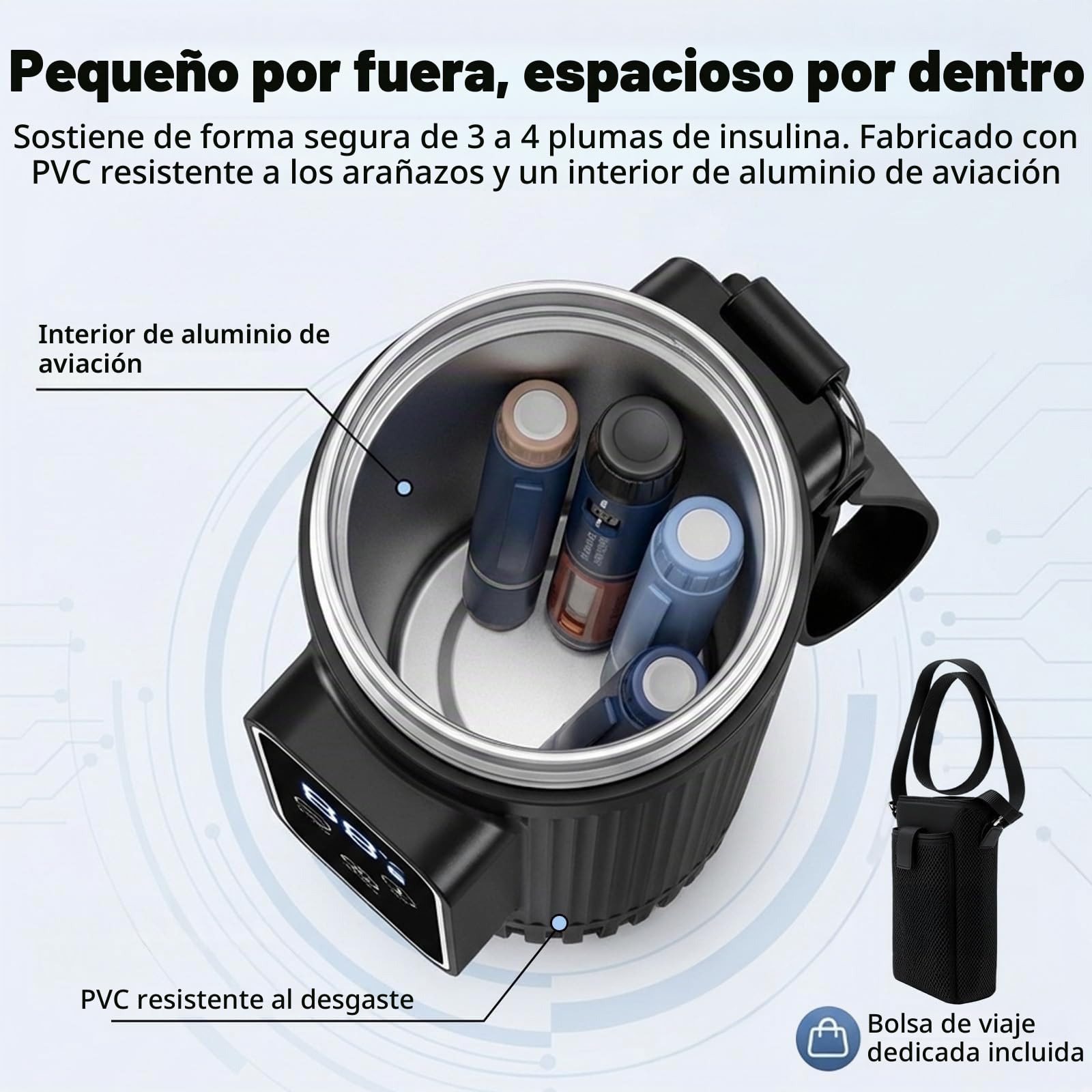 Nevera portátil para bolígrafos de insulina para viajes, con batería de alta capacidad, control inteligente de temperatura, interior de aluminio resistente, capacidad de 3 a 4 cartuchos de insulina
