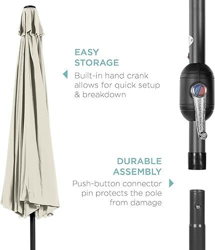 Vista 184 de Best Choice Products - Sombrilla solar de 7.5 pies para exteriores, patio, mesa, mercado, terraza, piscina con inclinación, manivela, luces LED