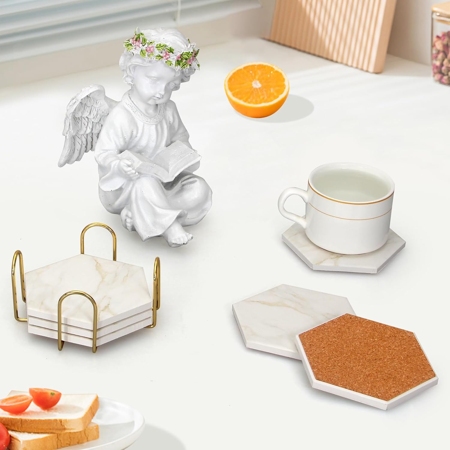 6Pcs White Marble Coaster Set with Holder Hexagon Ceramic Coasters Absorbent Coasters Drink Coasters Set for Coffee Table Bar Coasters Wine Coasters Modern Coasters Beer Coasters Cup Coasters - Image 7