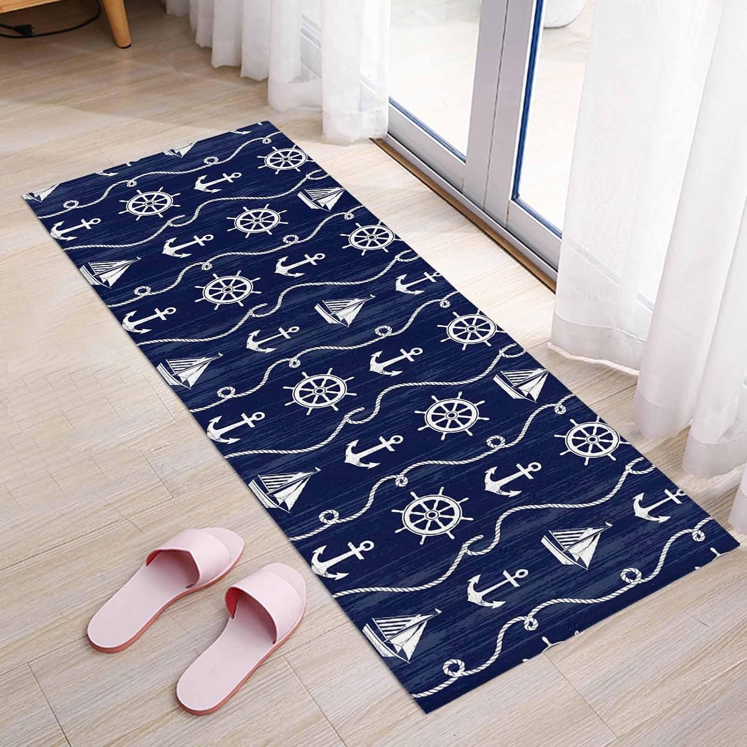 Teamery Kitchen Mats for Floor Nautical Anchor Sailboat Washable Non Slip Kitchen Rugs 1PCS, Deep Navy Blue Background Absorbent Standing Mats for Sink Bathroom Office Living Room 23.6x70.9in