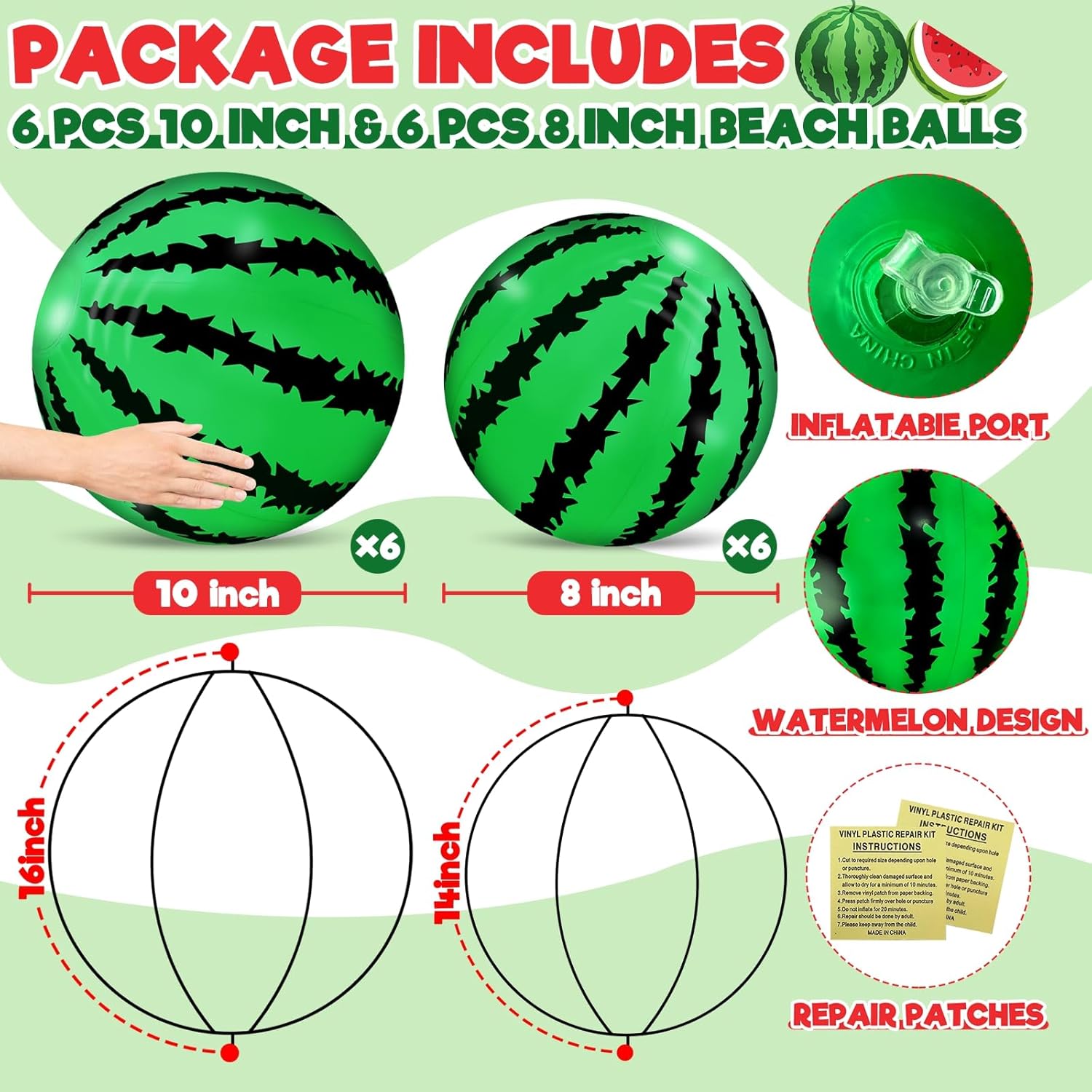 [ 10''+8'' ] 12 Pack Watermelon Beach Balls Bulk, Inflatable Mini Beach Ball for Kids Swimming Pool Toys Birthday Party Favors Outdoor Summer Essentials Water Toys,Fruits Theme Pool Party Decorations