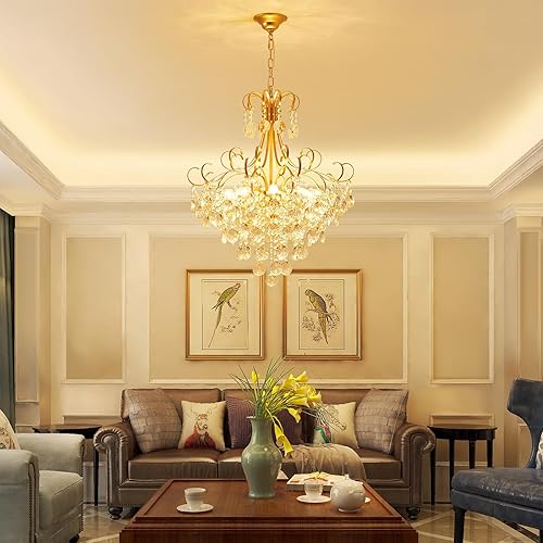 Miniatura 8 de ANJIADENGSHI Lámpara de araña de cristal, moderna lámpara colgante de cristal K9 para comedor, lámpara colgante de techo vintage, 10 luces doradas