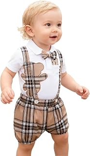 2-Piece Set Baby Boy Gentleman Outfit Short Sleeve Romper with Bowtie and Plaid Suspender Shorts Infant Clothes