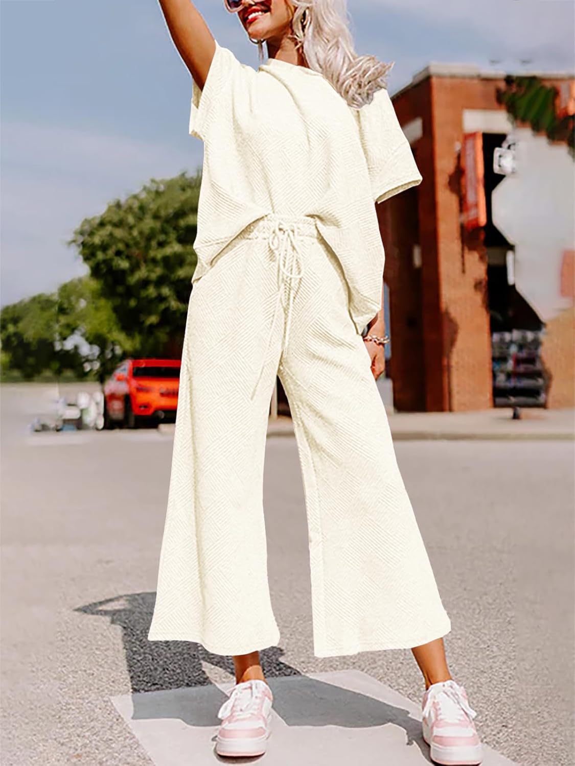 Fazortev Womens 2 Piece Outfits Sweatsuit Short Sleeve Tops and Drawstring Waist Cropped Wide Leg Pants Loungewear Sets - Image 4