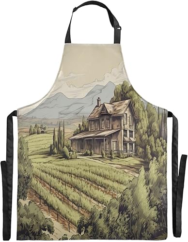 Burbuja Village Path Kitchen Apron for Women Men Chef with 2 Pockets, Adjustable Bib Apron Water & Oil Resistant for Cooking, Machine Washable
