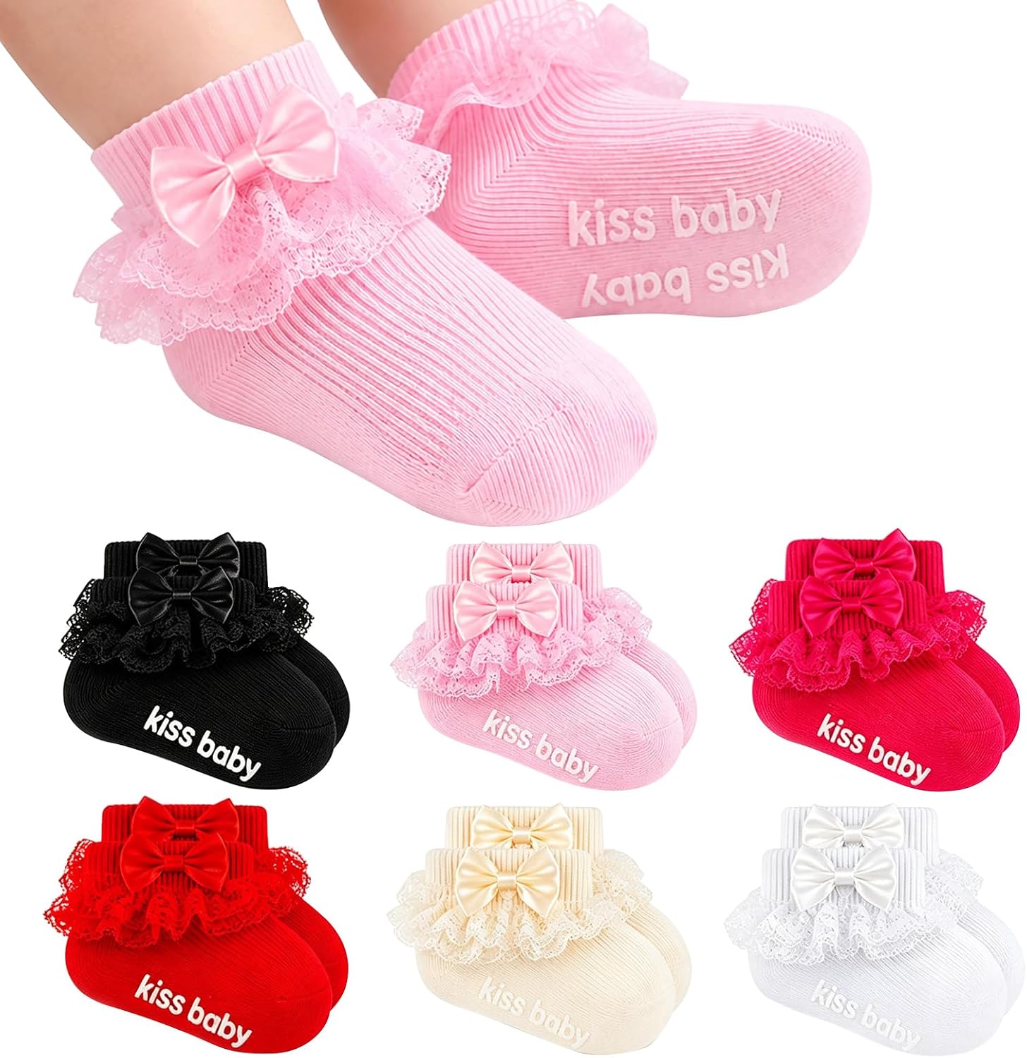 Baby Girl Ruffle Socks with Grips Bowknot Non Slip Cotton Lace Dress Socks Newborn Infant Toddler Kids Gift Set