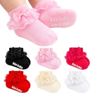 AHDSGJH Calcetines con volantes para bebé niña con empuñaduras Bowknot antideslizante algodón encaje vestido calcetines recién nacidos niños pequeños regalo conjunto | Stretchy Fit in 0-6M 6-12M 1-3Y for Newborn Infant Toddler, Anti-Slip Soles Ensure Safety, Ideal Party Outfits & Shower Gifts